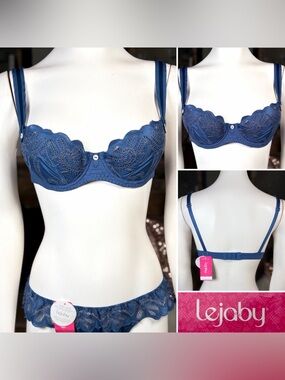 Lejaby Blue Embroidered Eyelet 34A Balconnette Bra w/ Button & Grosgrain Details
